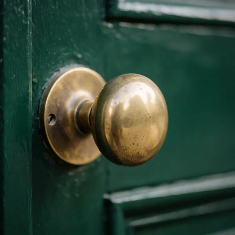 A brass door knob and escutcheon, an old style, no keypad or lock hardware with lettering on it