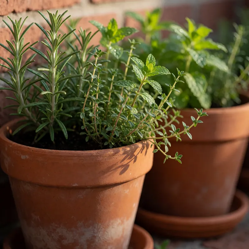 Growing herbs in a plain pot on a kitchen windowsill, no packaging