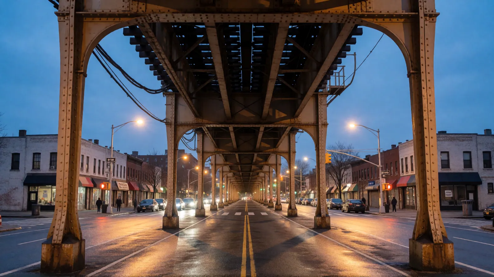 The elevated railway viaduct over a wide avenue at dusk
