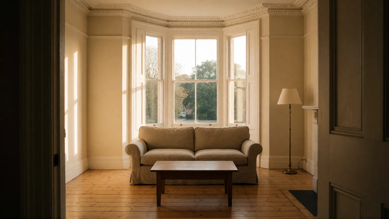 An interior room of the house, empty, generated rather than photographed