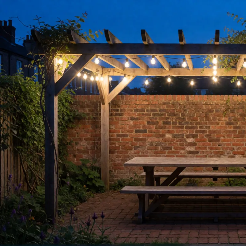 The pergola at dusk with the festoon lighting on and the garden table empty beneath it