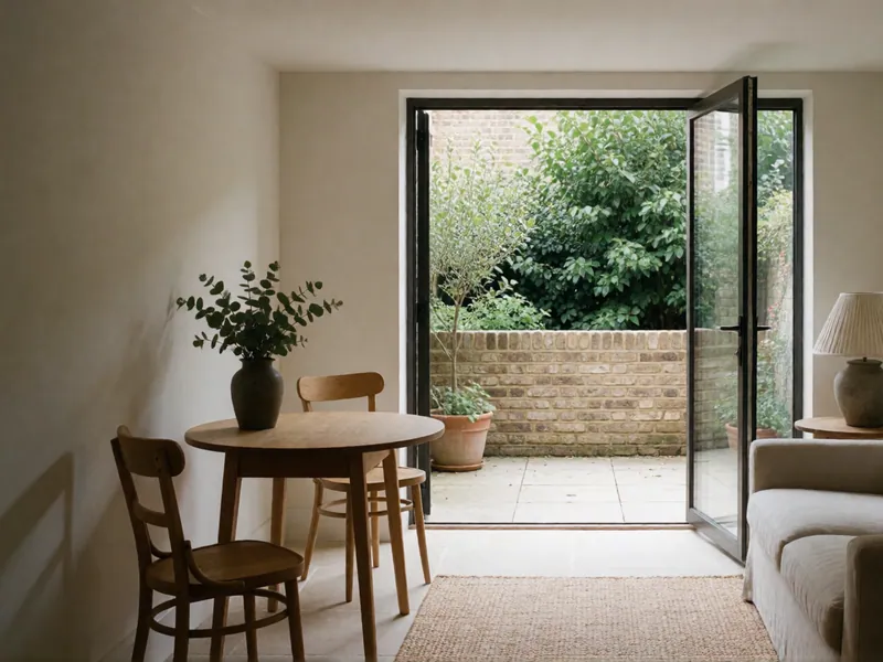 The garden apartment's sitting room, with the kitchen along the back wall