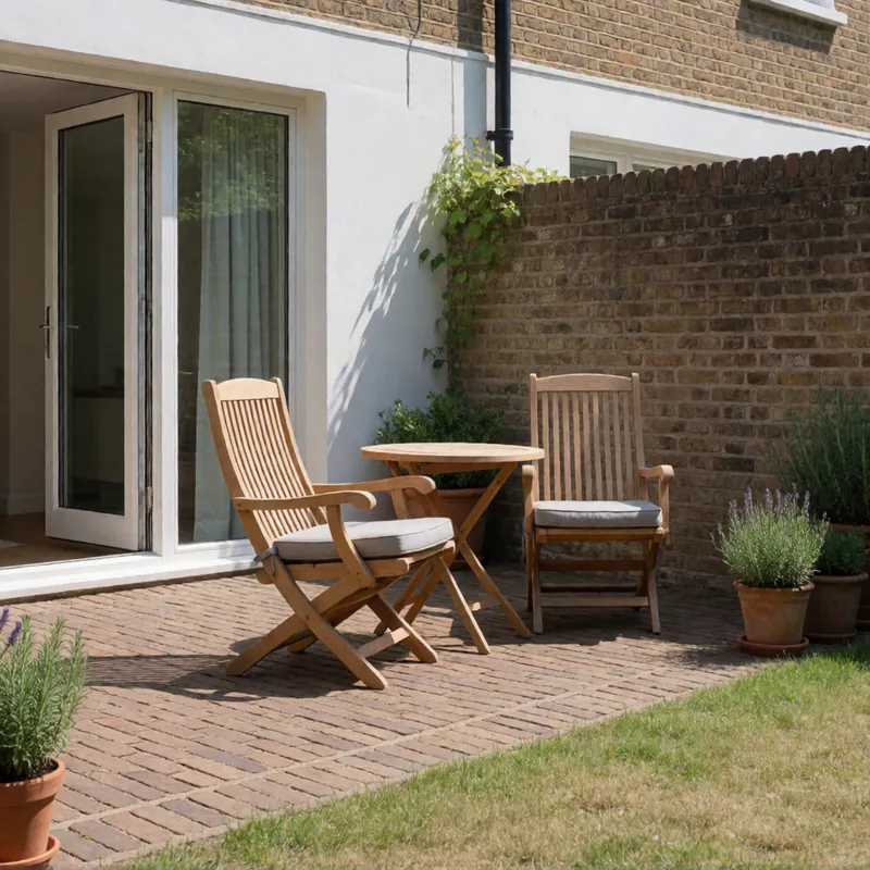The paved terrace nearest the house, empty, with the garden beyond it