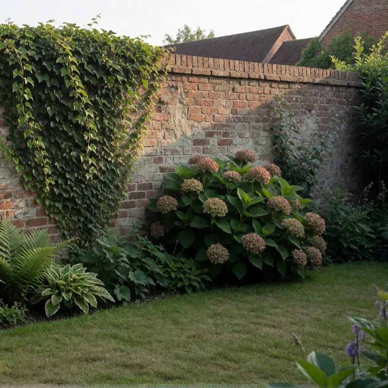 The brick wall that encloses the garden, seen from the terrace