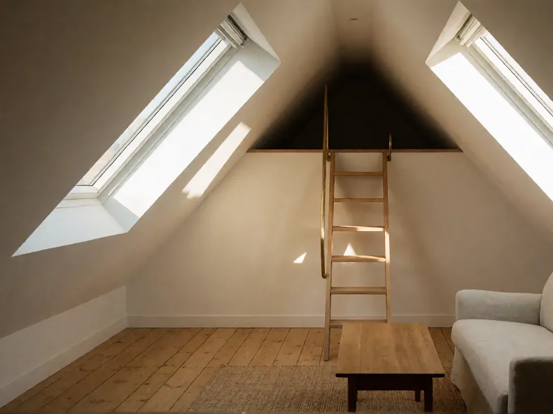 The loft's sitting room, under the ridge with a skylight on each slope