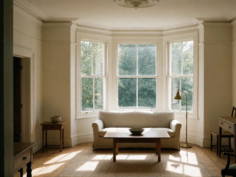 The parlour, with its bay window and twelve-foot ceiling