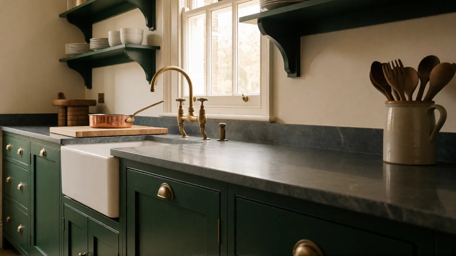 The parlour kitchen: a gas range and a long worktop, set up for cooking rather than for the photograph