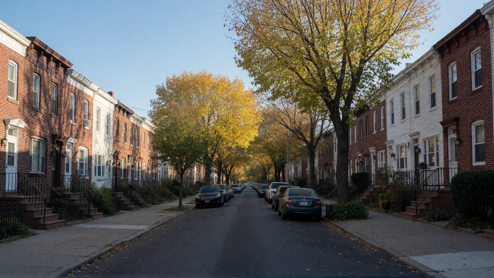 A residential street in Woodside in the morning, quiet, no people in frame