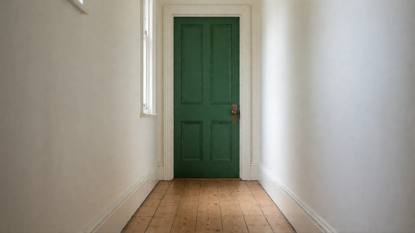 A closed door at the end of an empty hallway, lit by a window at the far end.