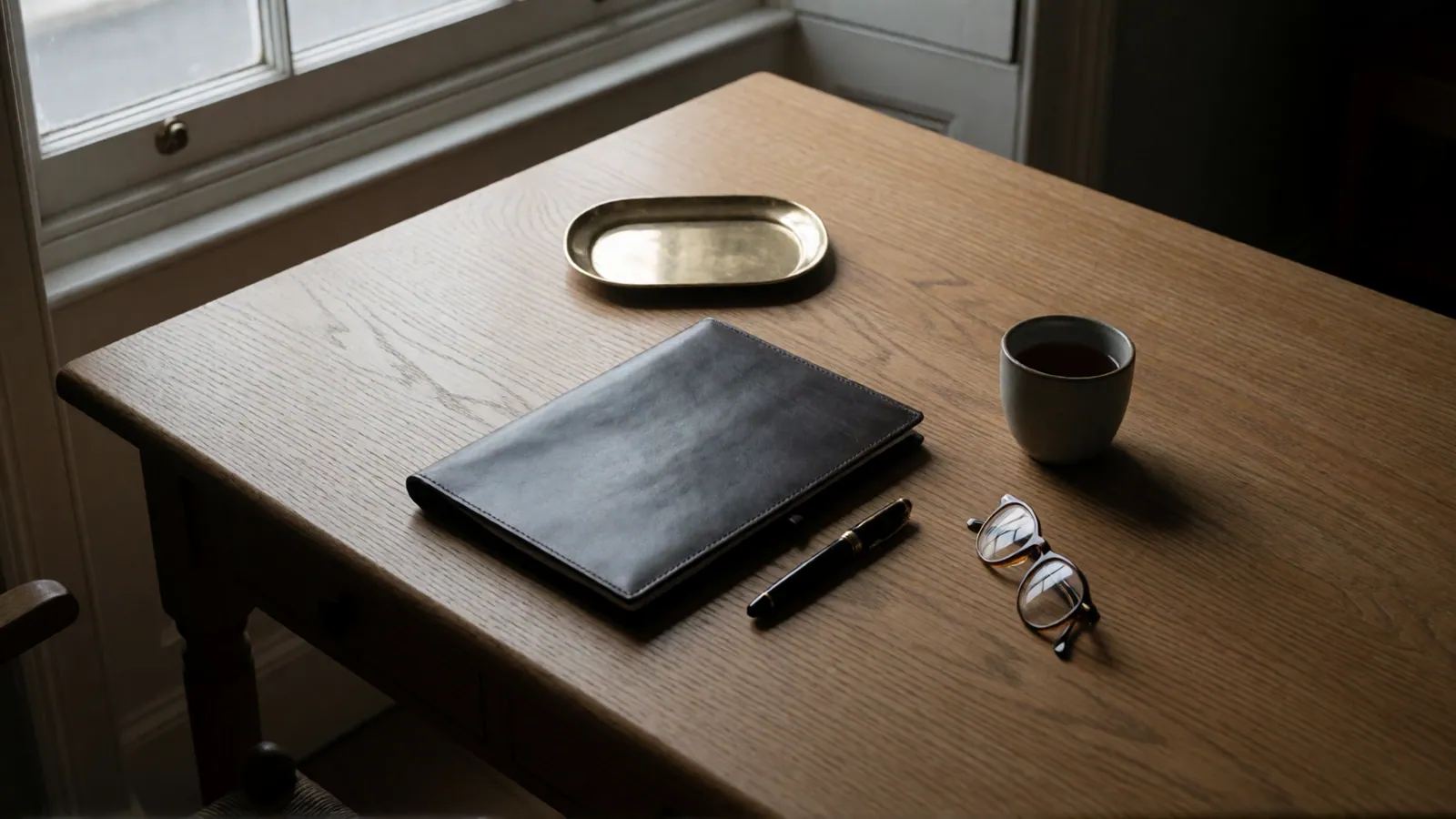 A closed leather folder, a fountain pen and a cup of tea on an oak desk in soft daylight
