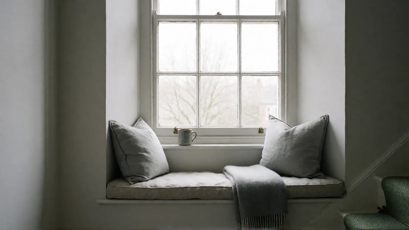 A small writing table with a notebook open on it, empty room