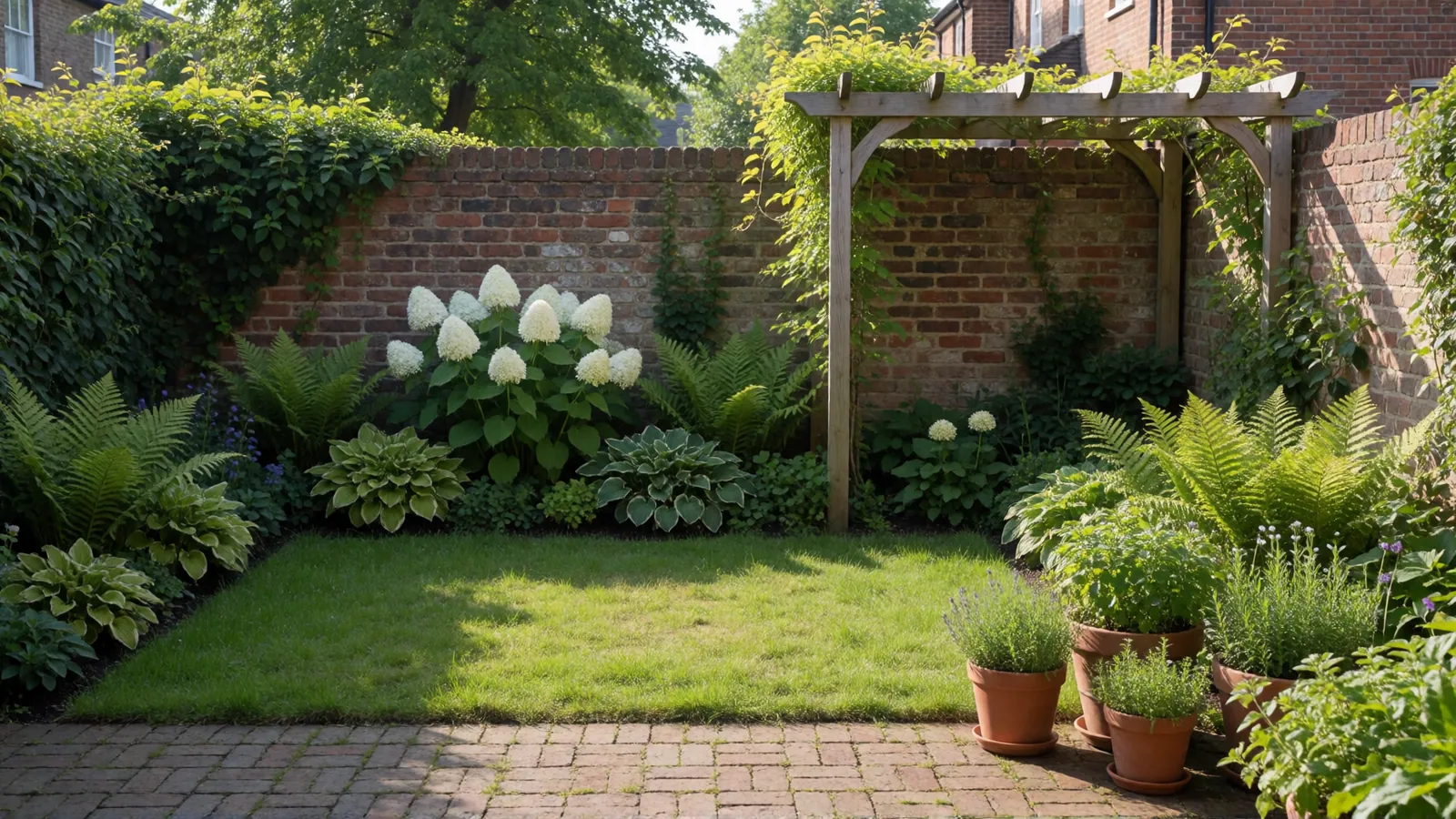 The garden on a bright May morning, brick paving giving way to grass and planted borders