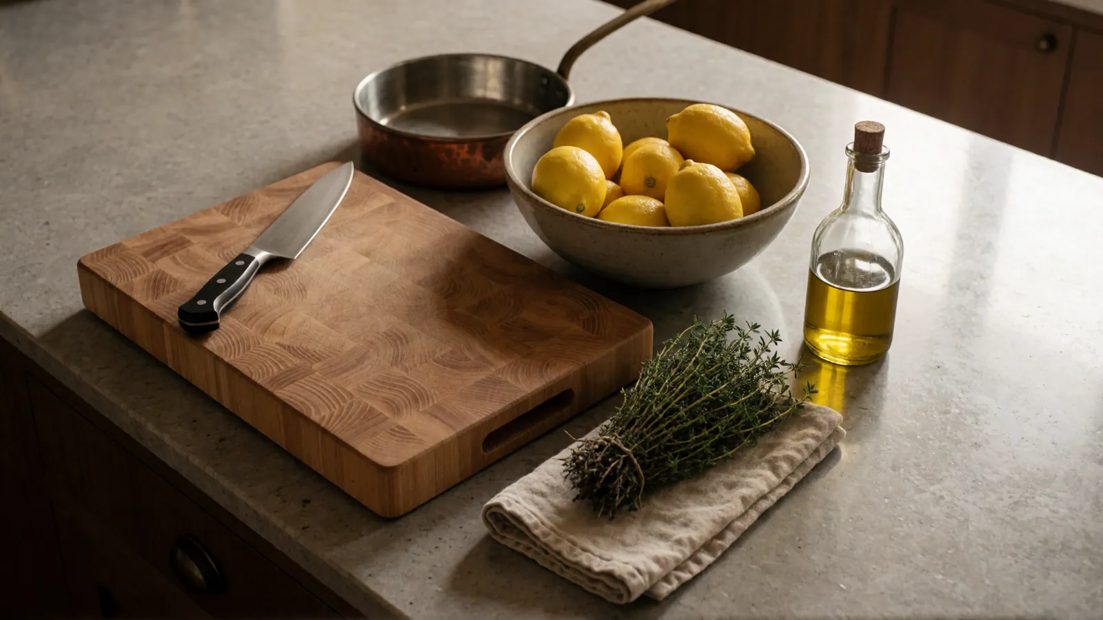 A kitchen worktop with a pan and a wooden board on it, shot from above the counter
