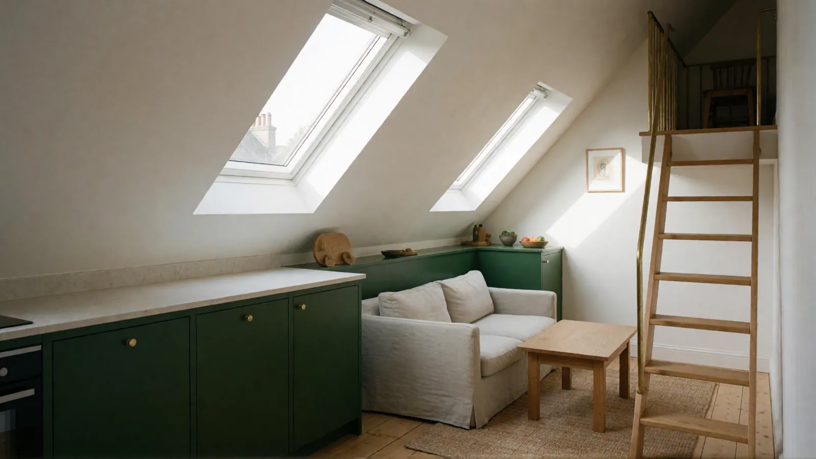 The Loft Apartment: Skylights on both slopes, roofline view to the west