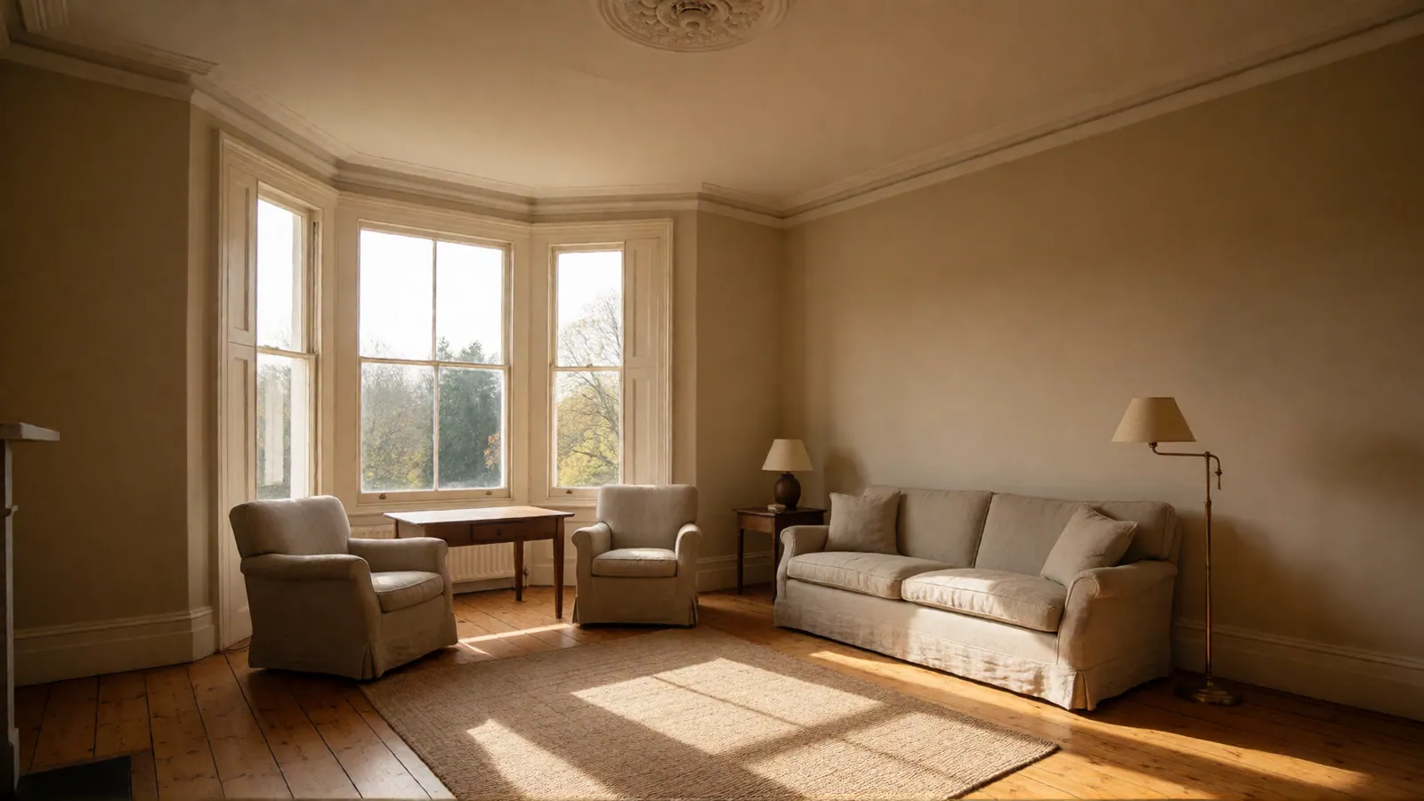 The Parlour Apartment: Bay window to the street, twelve-foot ceilings