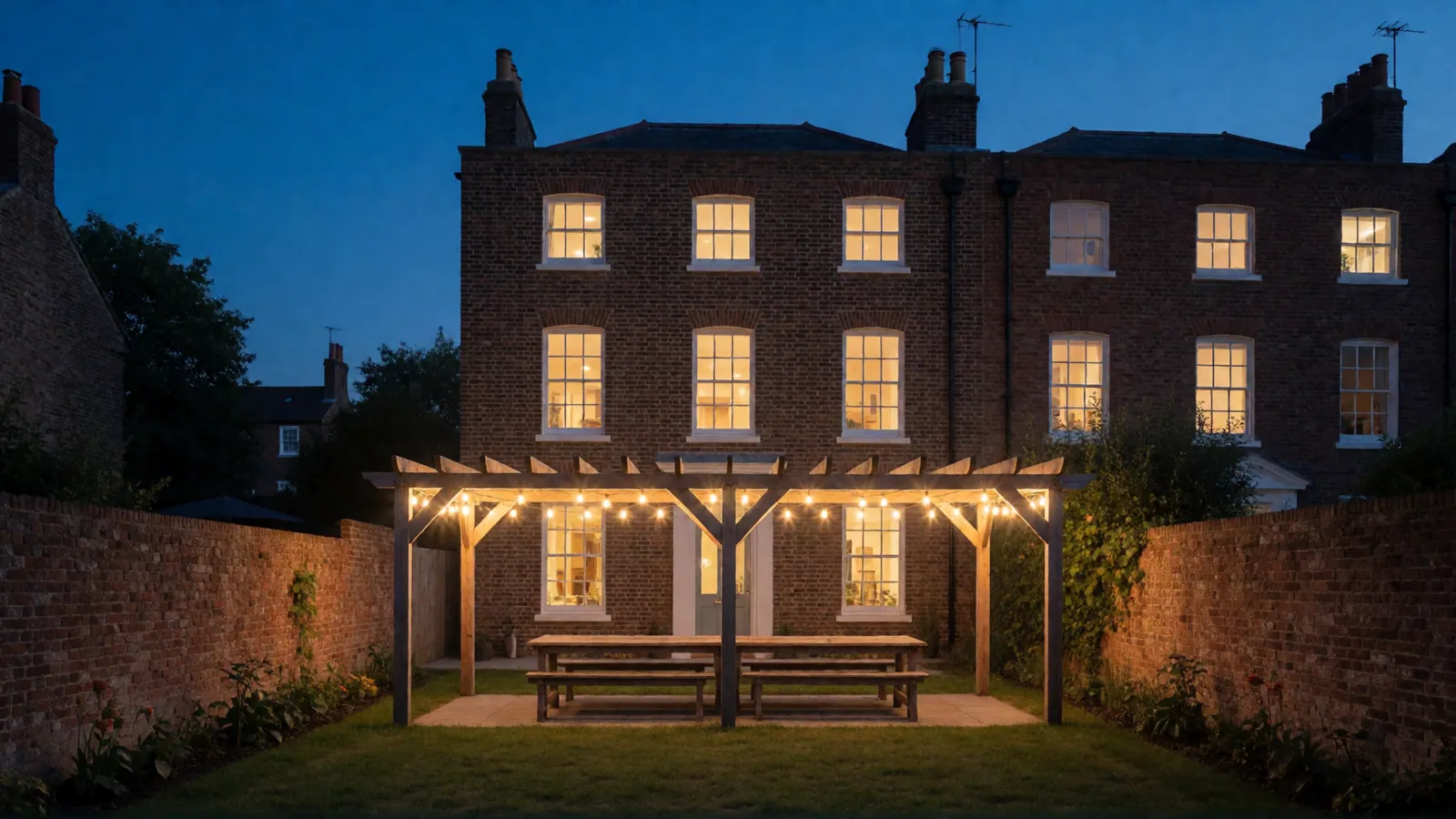 The house at dusk with every window lit, seen from its own garden